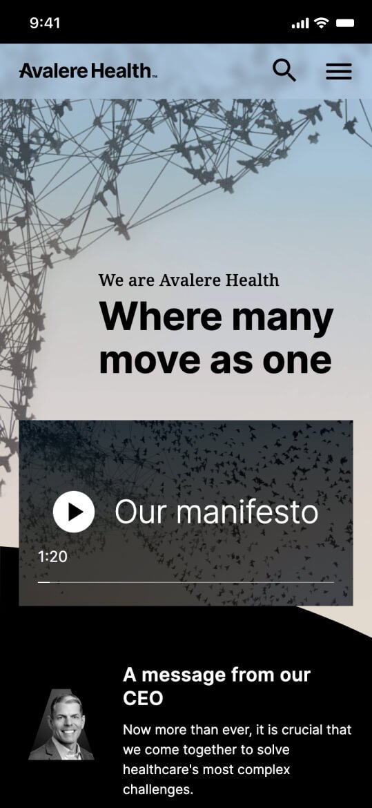 The mobile Avalere Health homepage