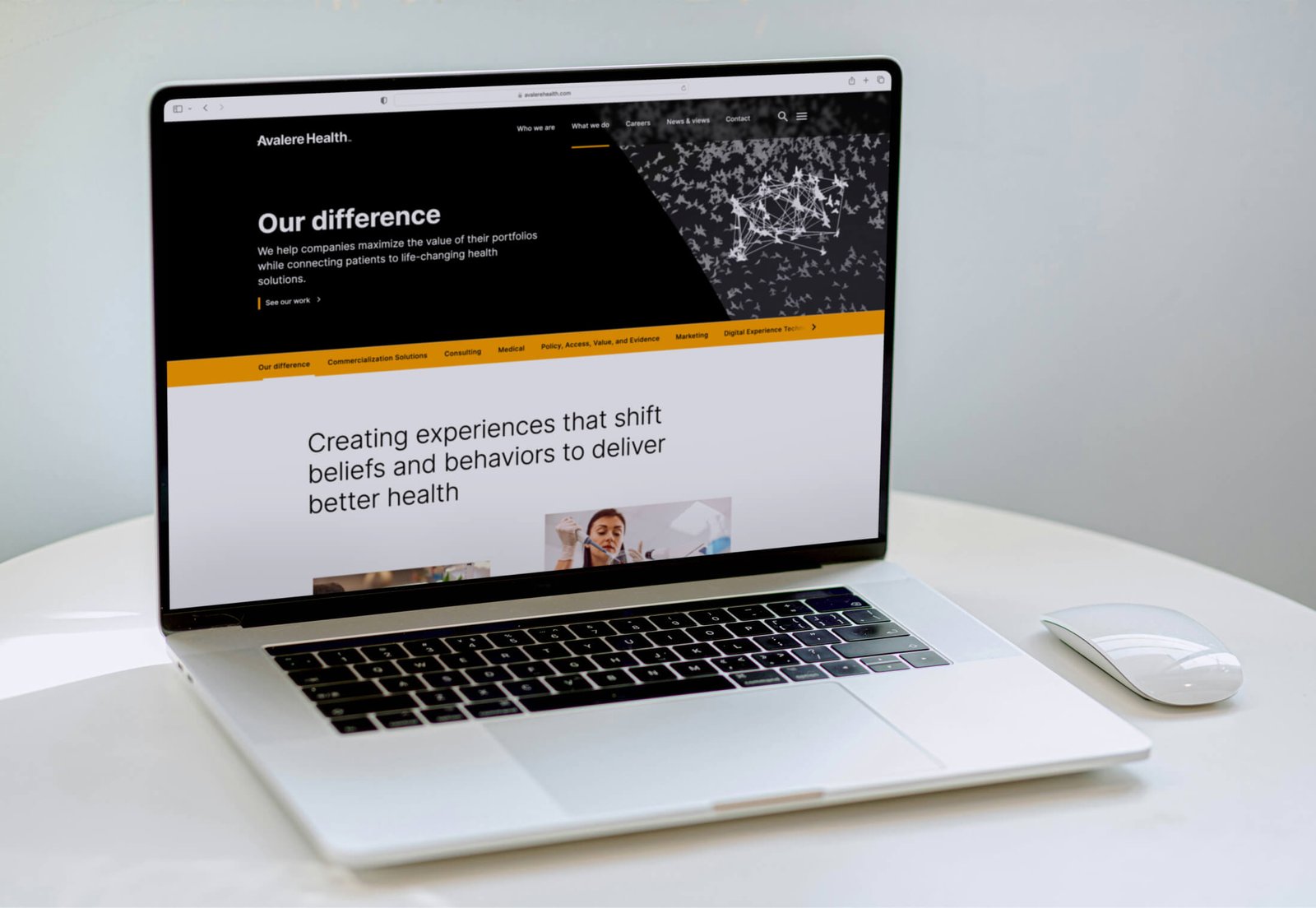Showing the Our difference page on desktop, explaining how the work Avalere Health does benefits people