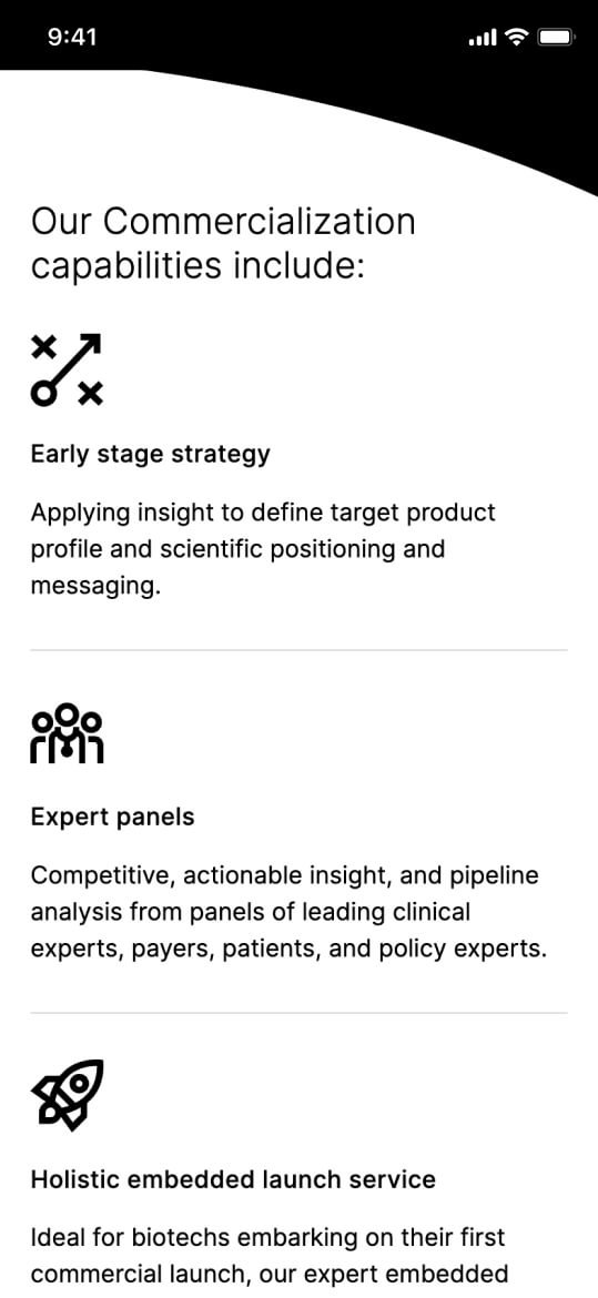 A snippet from the Our Difference page on mobile, explaining what the company's commercialisation capabilities are
