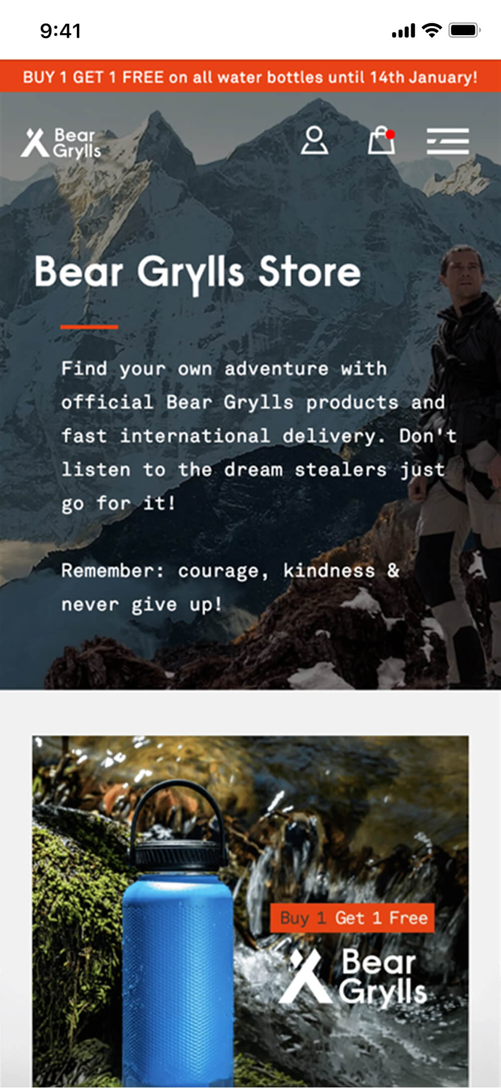 The Bear Grylls store homepage on mobile