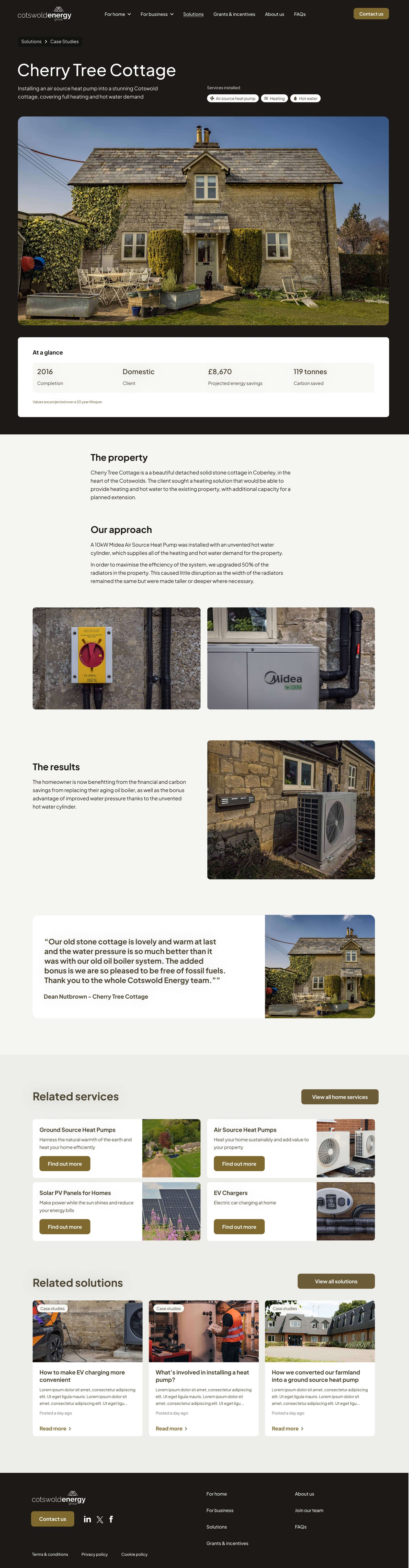 A new case study page for Cherry Tree Cottage, showing heat pump installation, positive impact and money saved