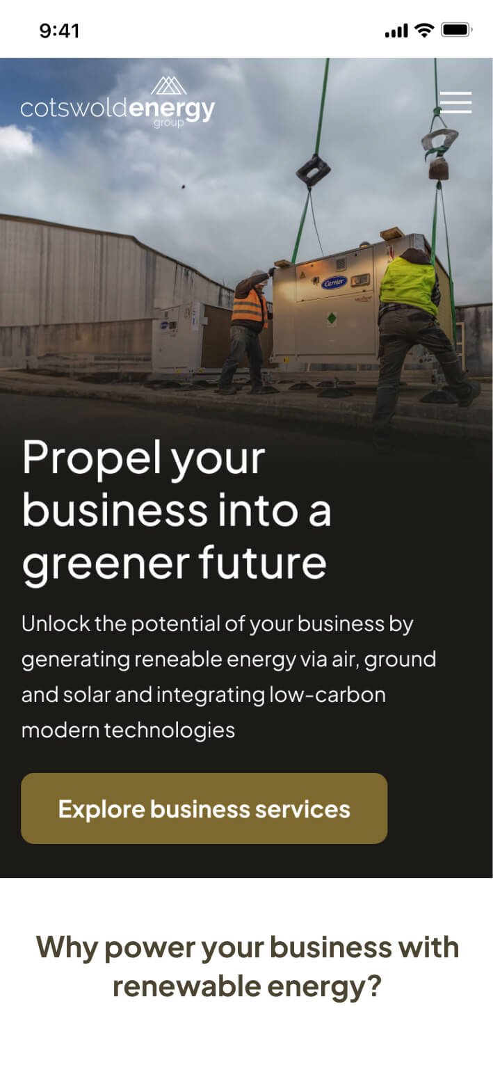 The landing page for business customers, showing applicable services and how they can benefit businesses