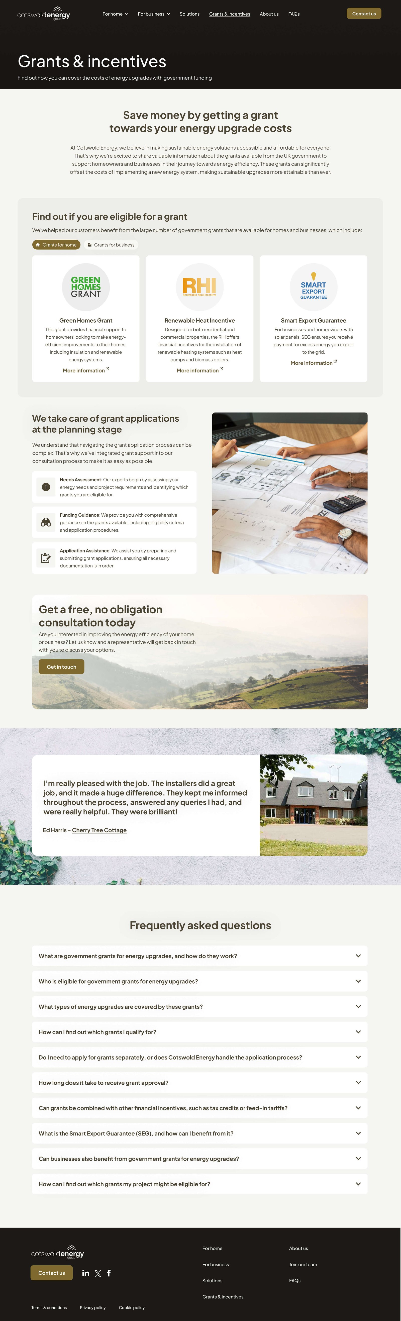 The new Grants and incentives page at desktop scale, helping customers to understand which government incentives can help them to save money