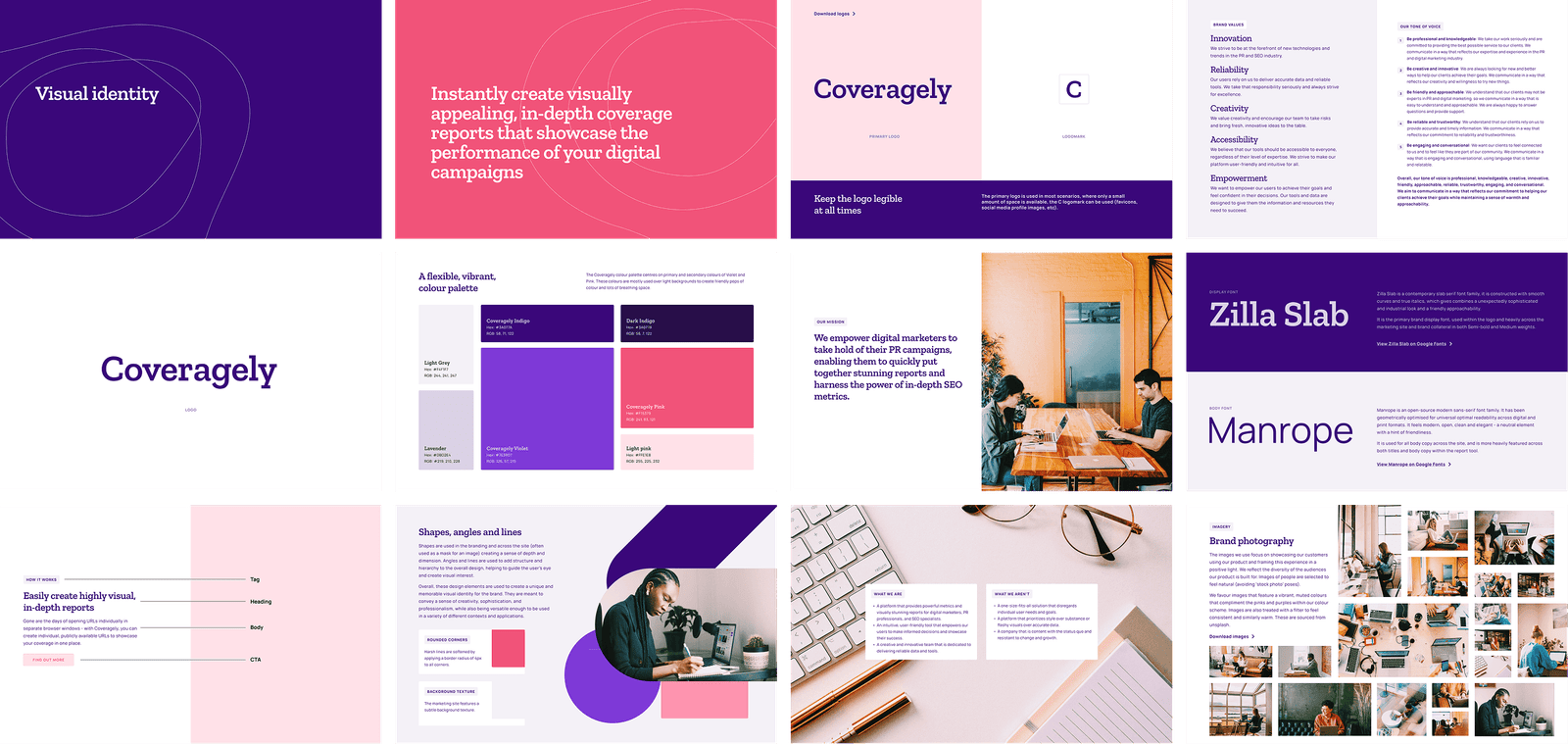 Coveragely brand guidelines showing mission statement, logo, values, tone of voice, colour palette, typography, visual elements and photography direction