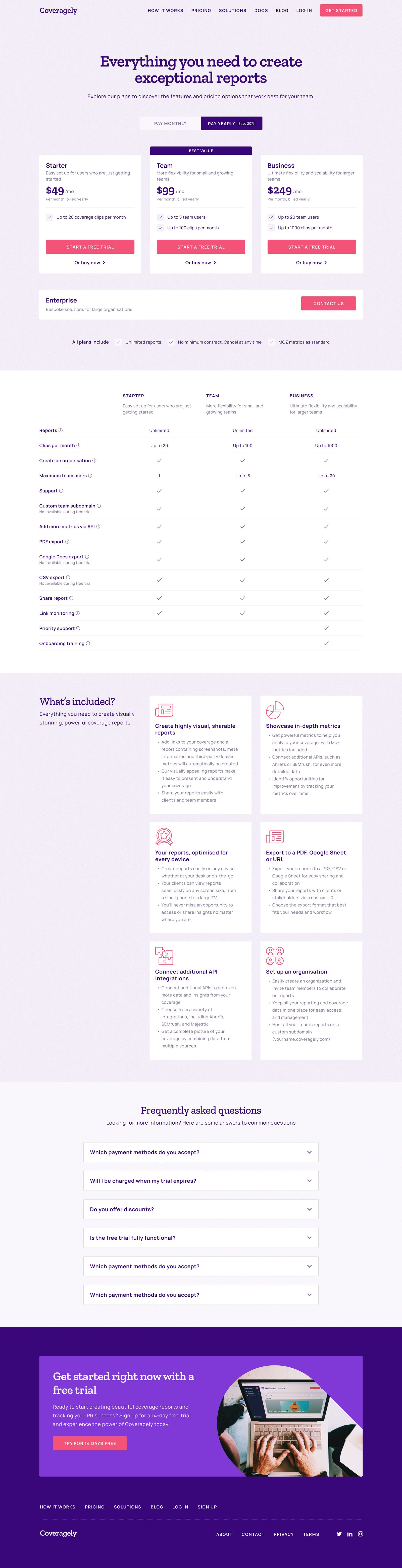 The desktop view of the pricing page within the Marketing site