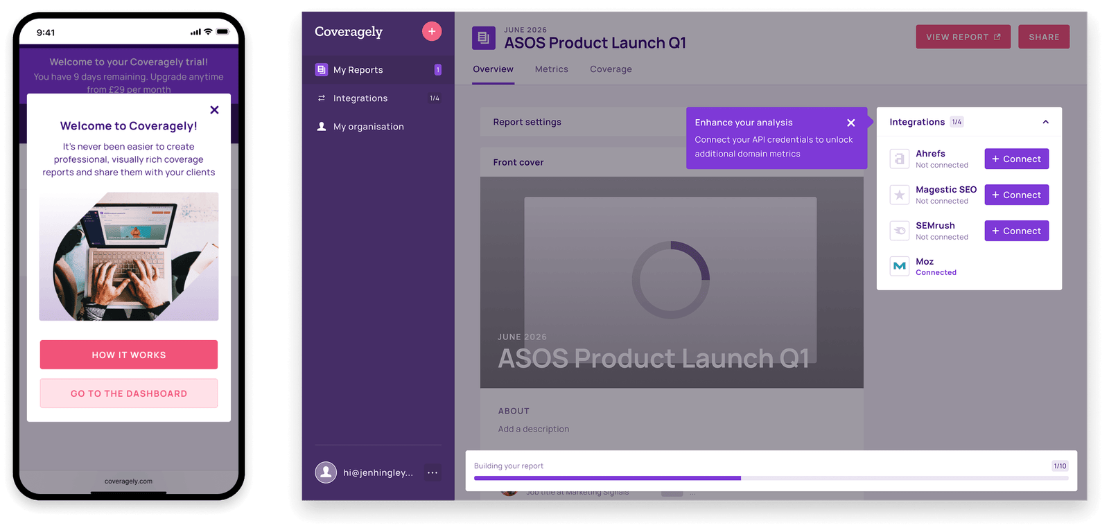 Initial platform login and report creation screen