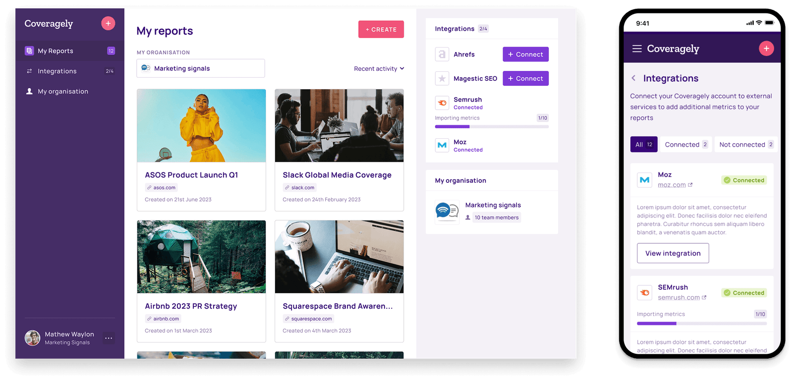 My reports listing, and platform integrations