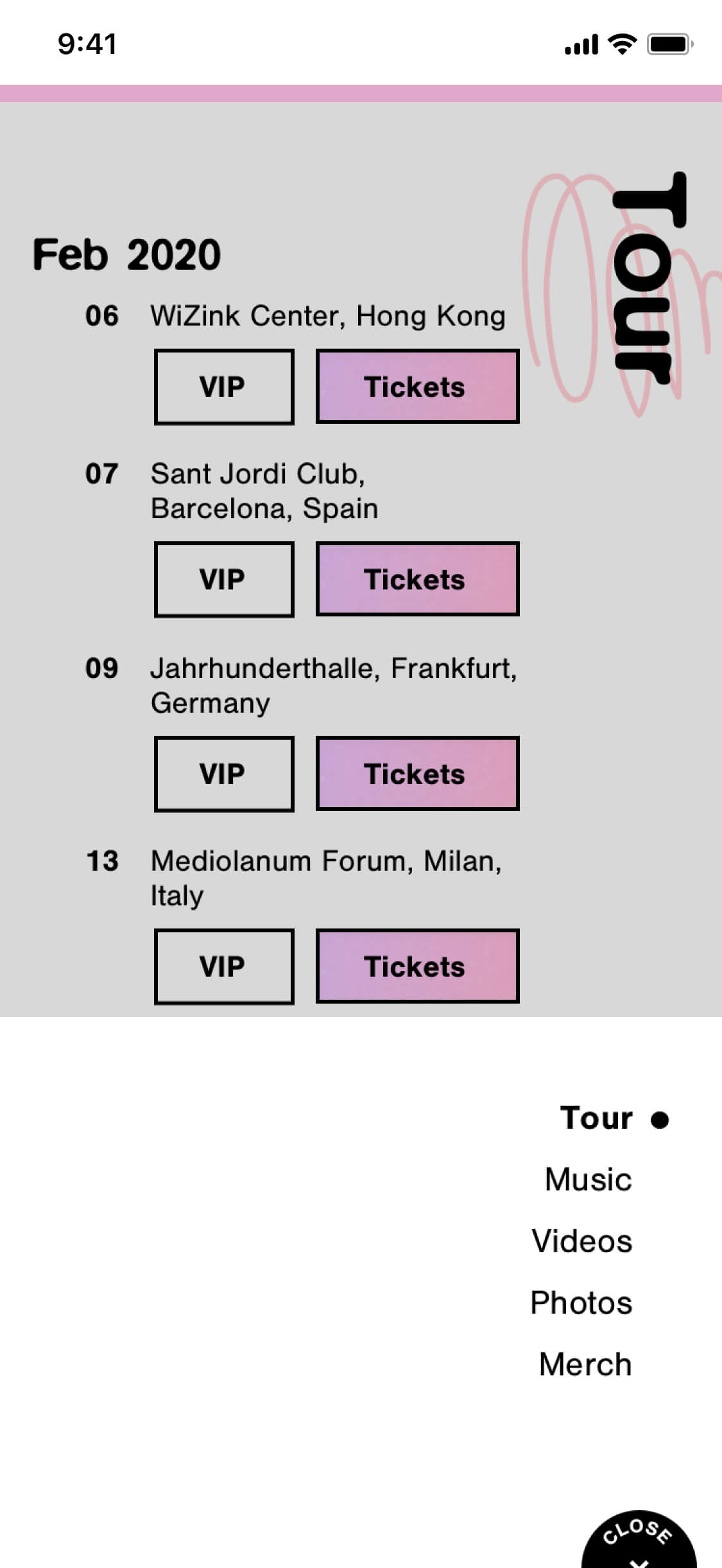 The tour page at mobile scale