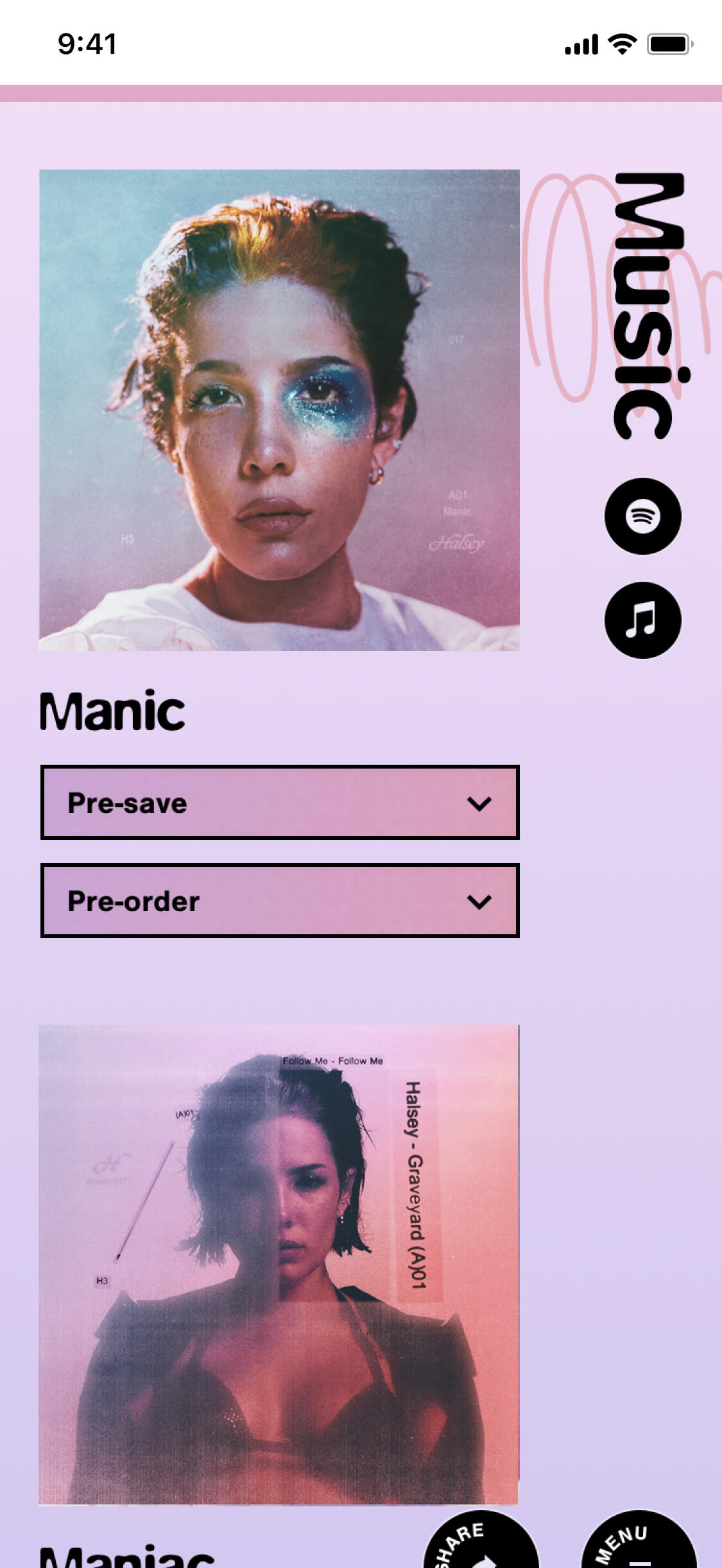 The music page at mobile scale