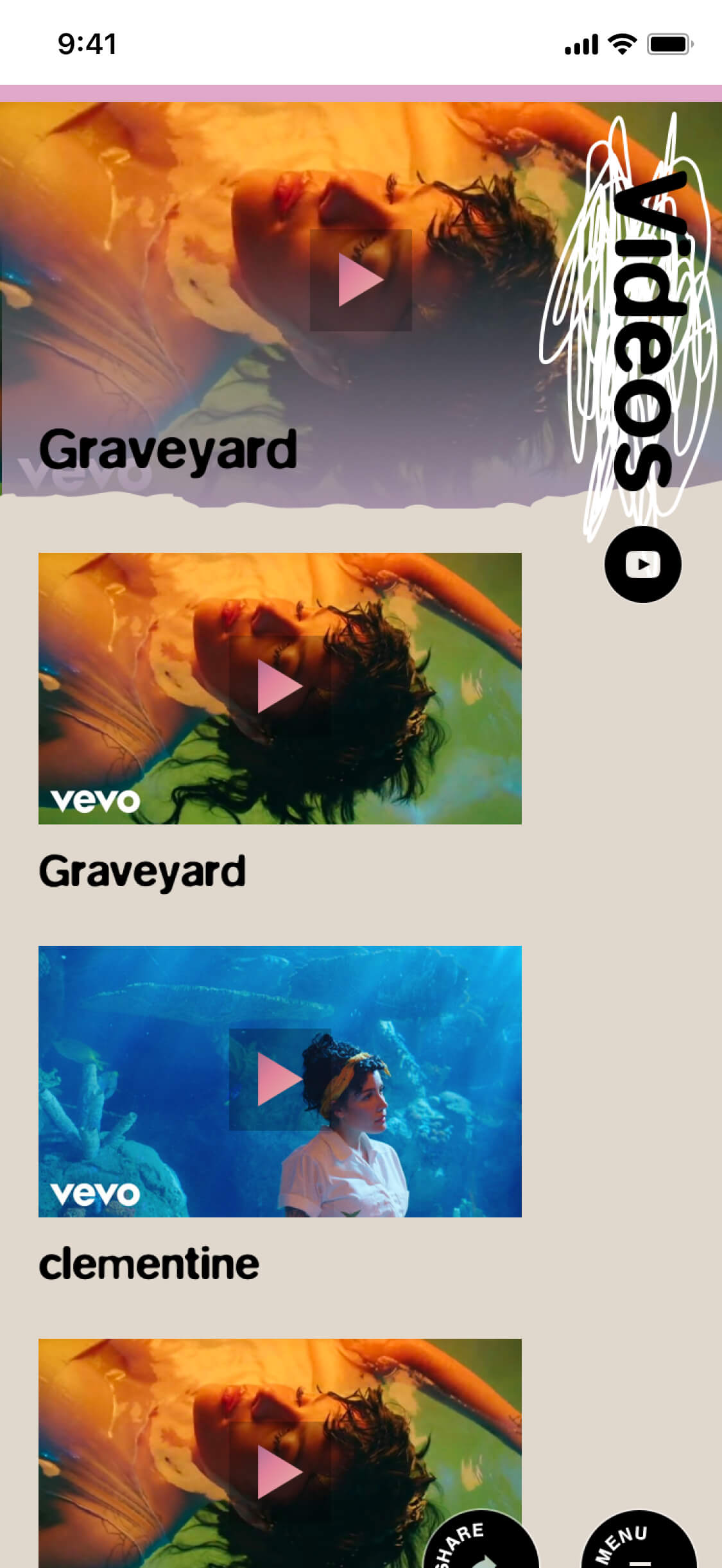 The music video page at mobile scale