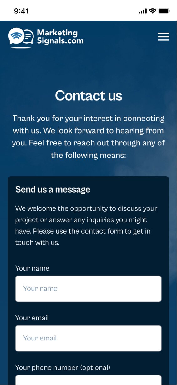 The mobile, contact us screen