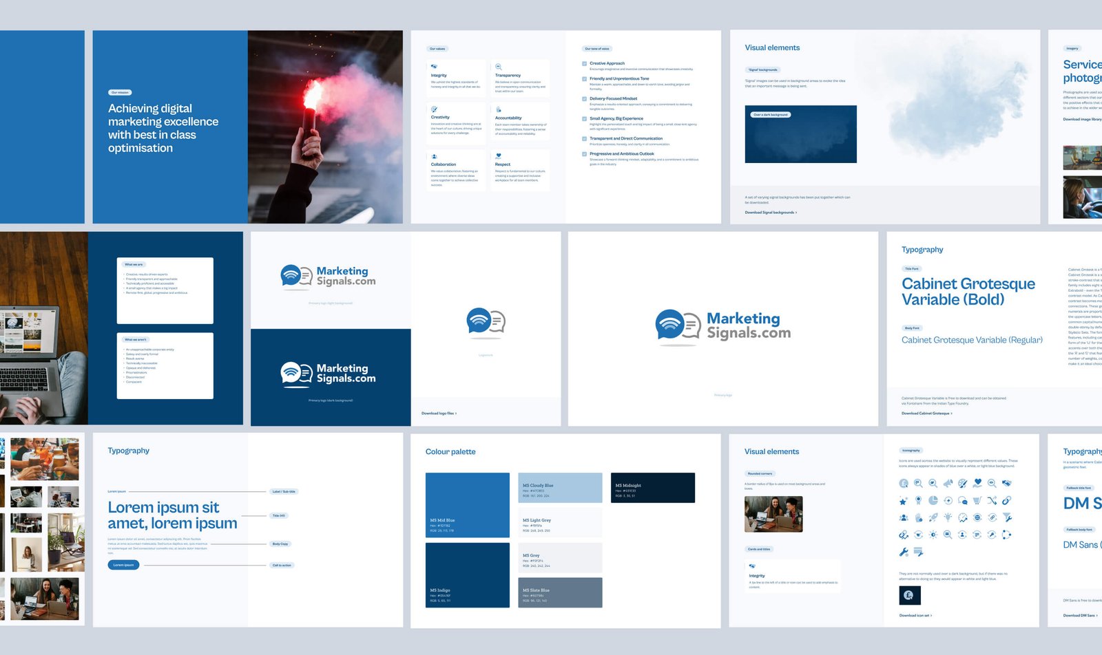 Pages from the resulting Marketing Signals brand identity document