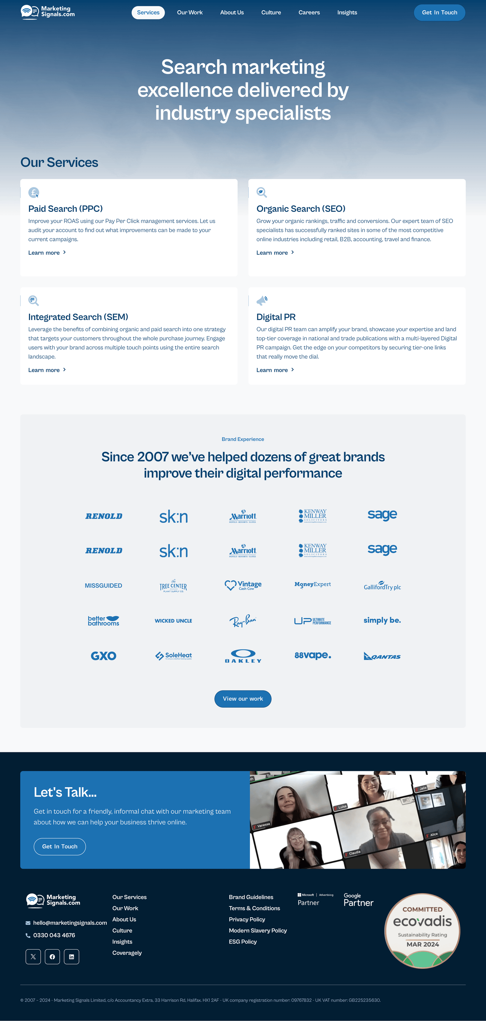 A desktop view of the Services page on the new website