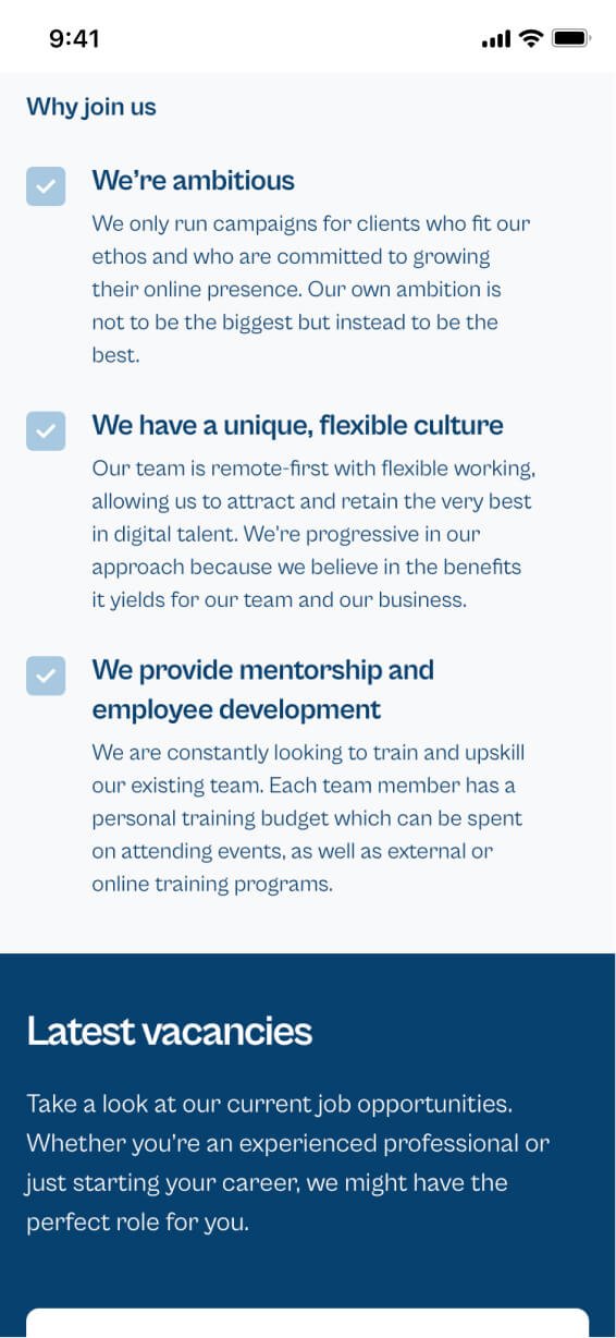A snippet from the mobile version of the careers page