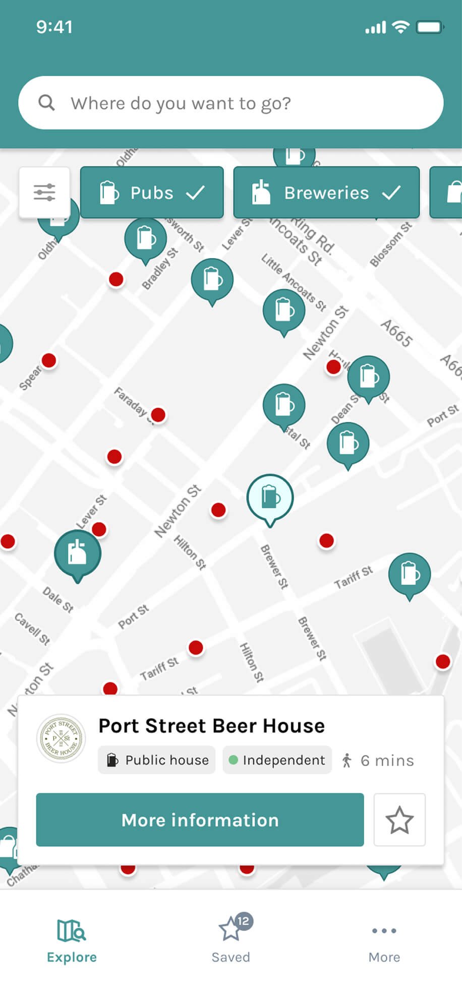 The Explore area of the app, showing a map of nearby independent pubs