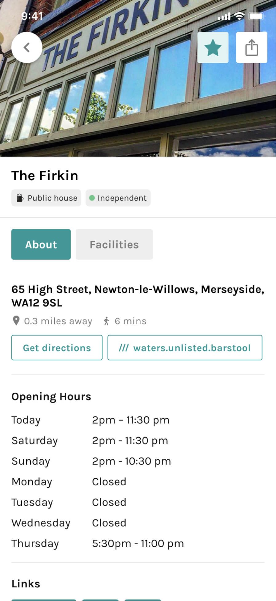 An example of a pub profile screen within the app