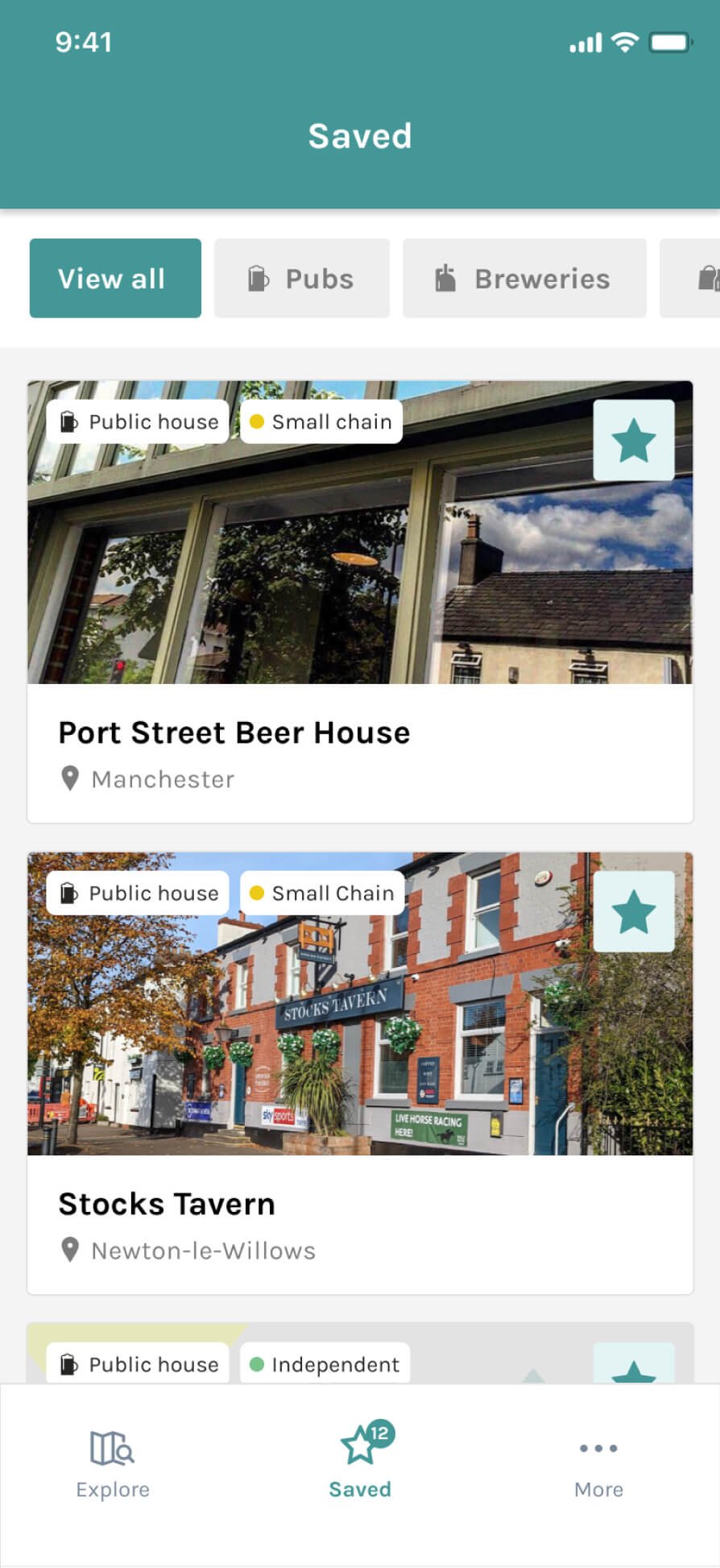 The Saved area of the app, showing a number of pubs that a user has previously marked as 'saved'