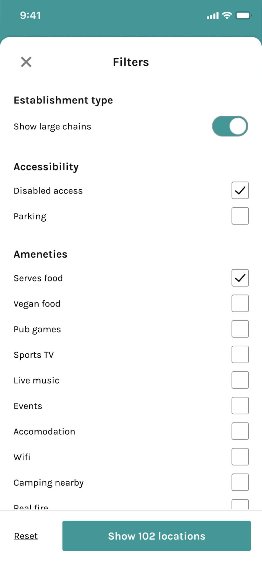 The available filtering options within the Explore area to show different kinds of establishments