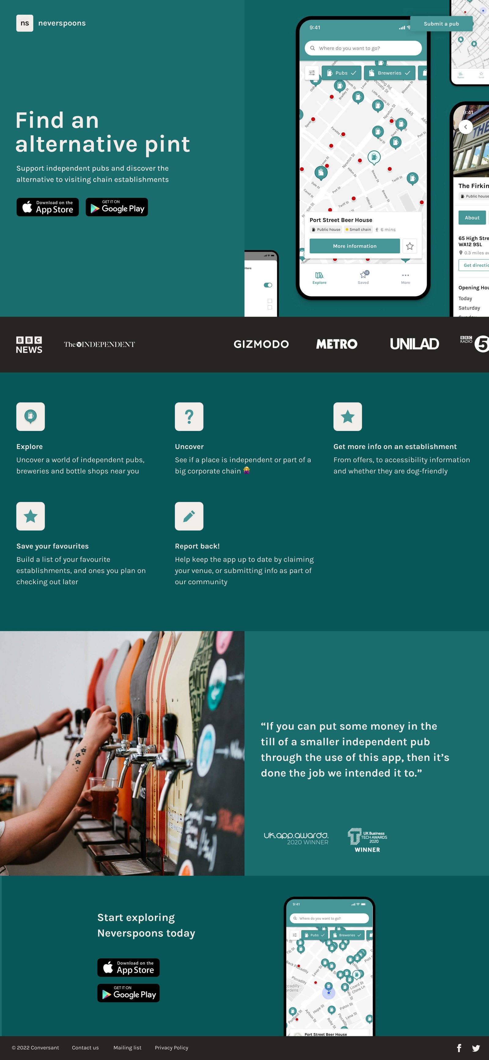 The Neverspoons website, showing app visuals, press coverage, features, and routes to download the app