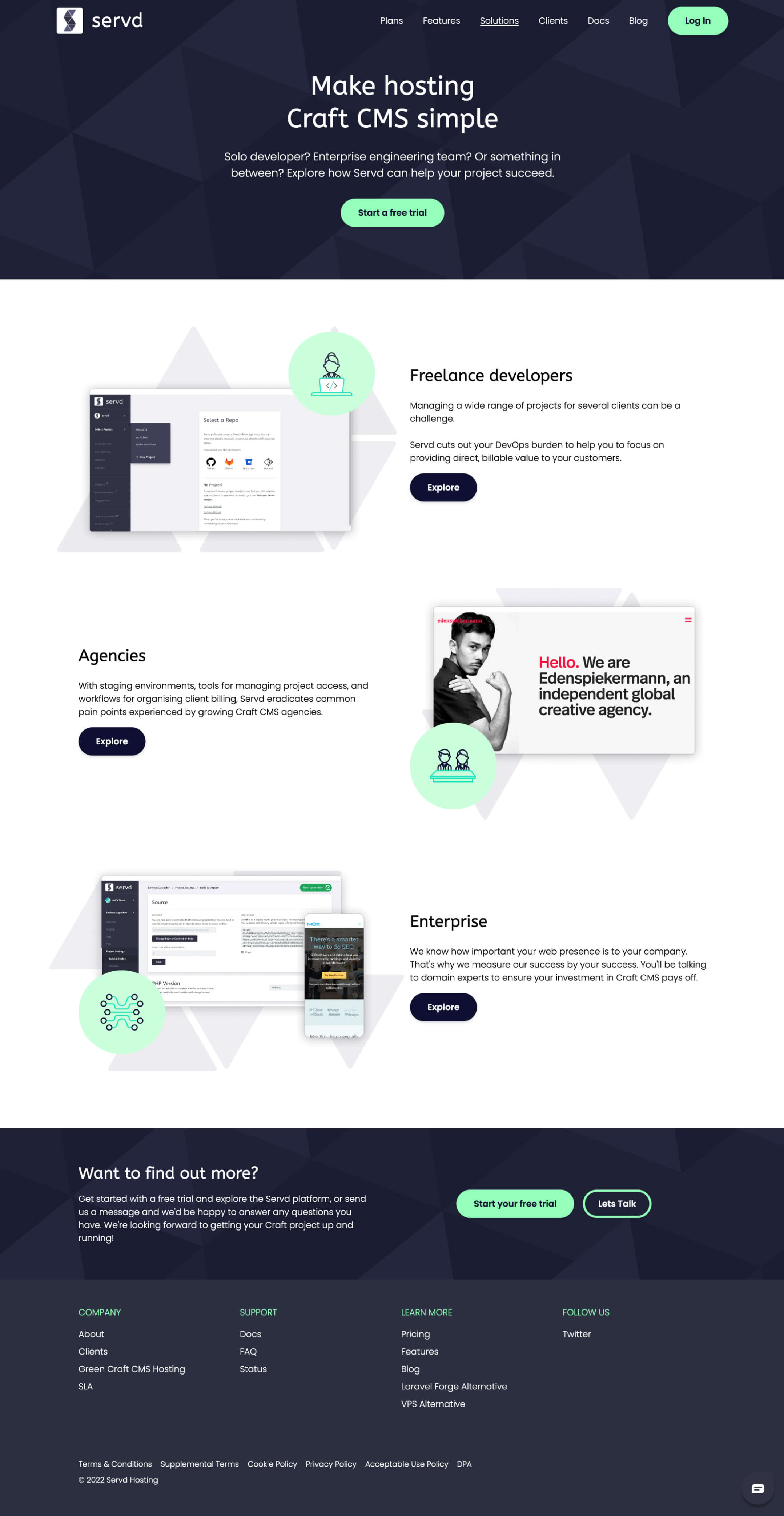 Full view of Servd's solutions page as viewed on a desktop device