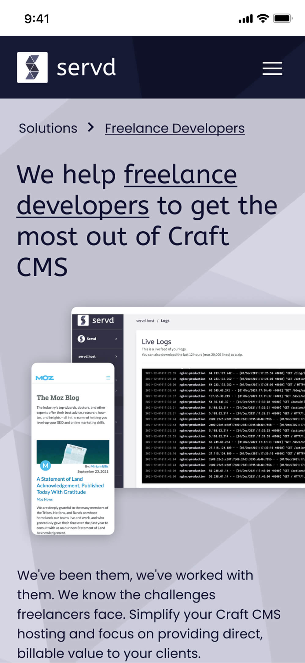 Views of Servd's Solutions pages as seen on a mobile device, showing how freelance developers can get the most out of craft CMS and how to find out more