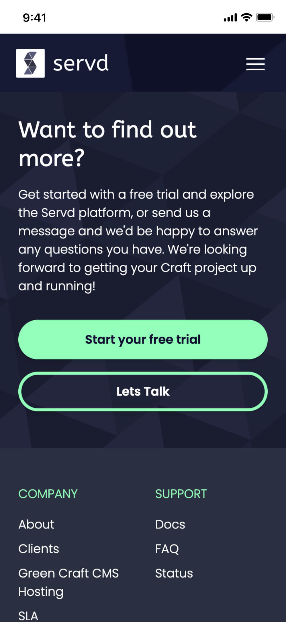 Views of Servd's Solutions pages as seen on a mobile device, showing how freelance developers can get the most out of craft CMS and how to find out more