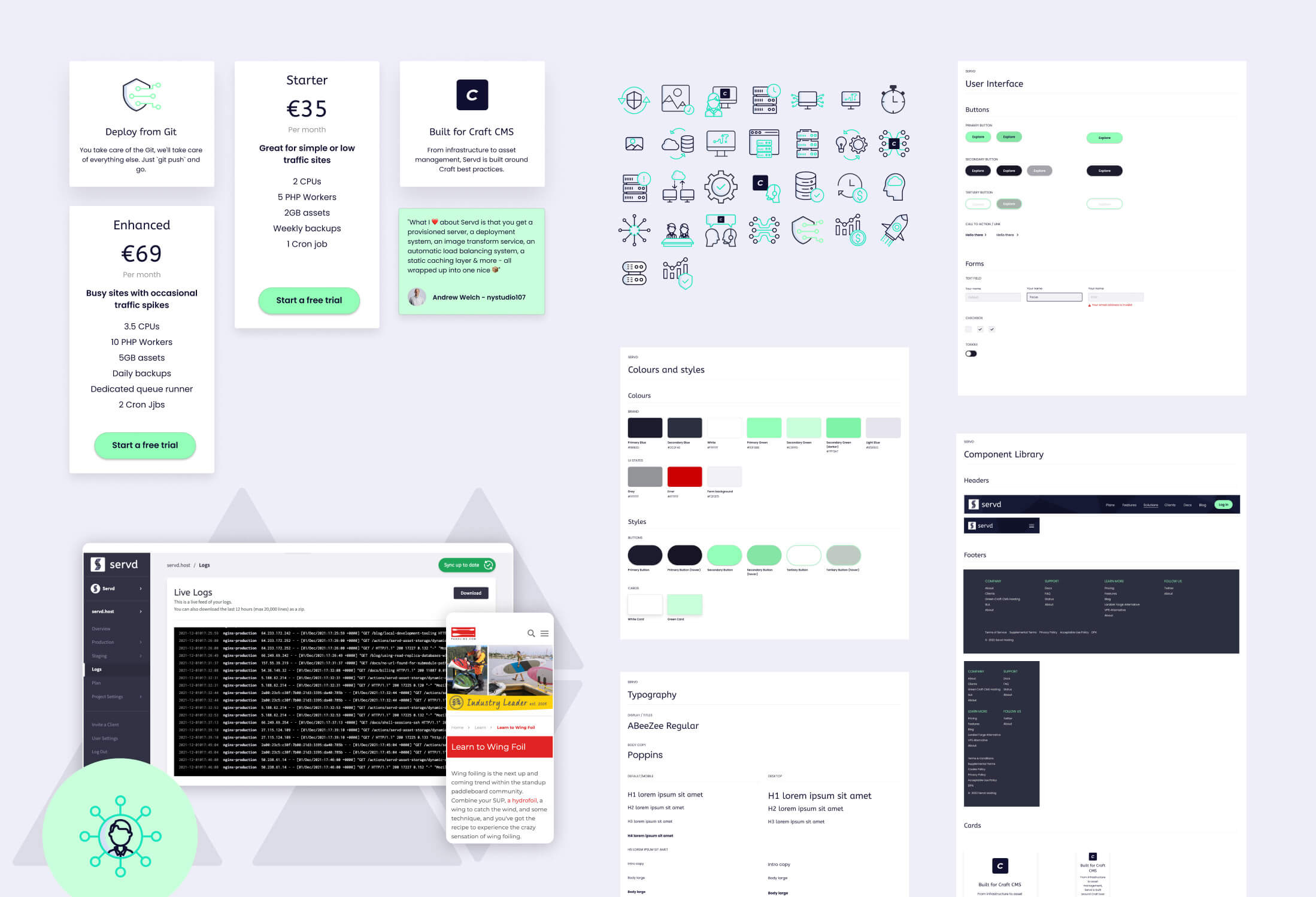 An overview of Servd's design system, showing user interface elements, iconography, buttons, colours, typography alongside reusable elements