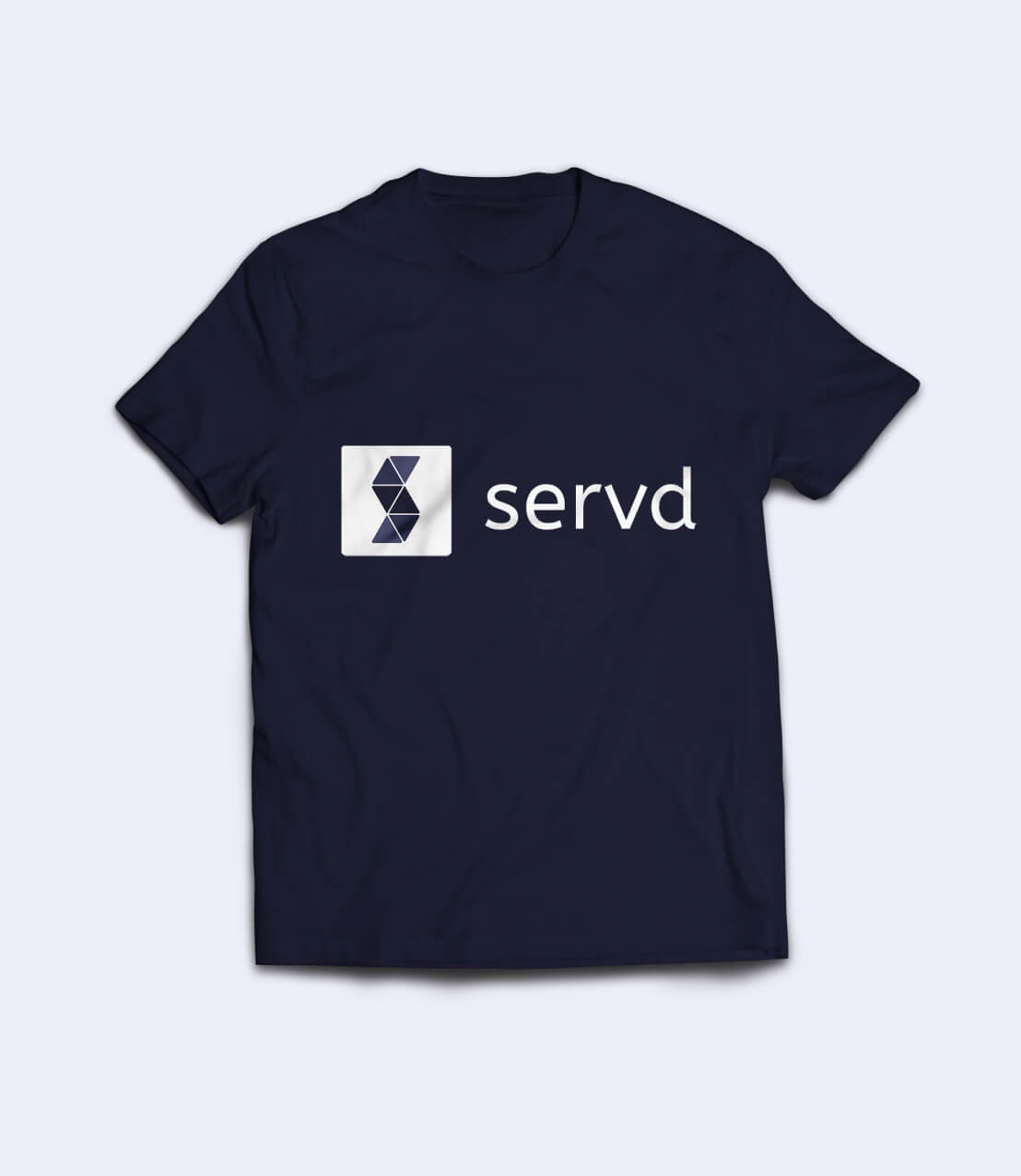 A promotional dark blue t-shirt with Servd logo printed on it