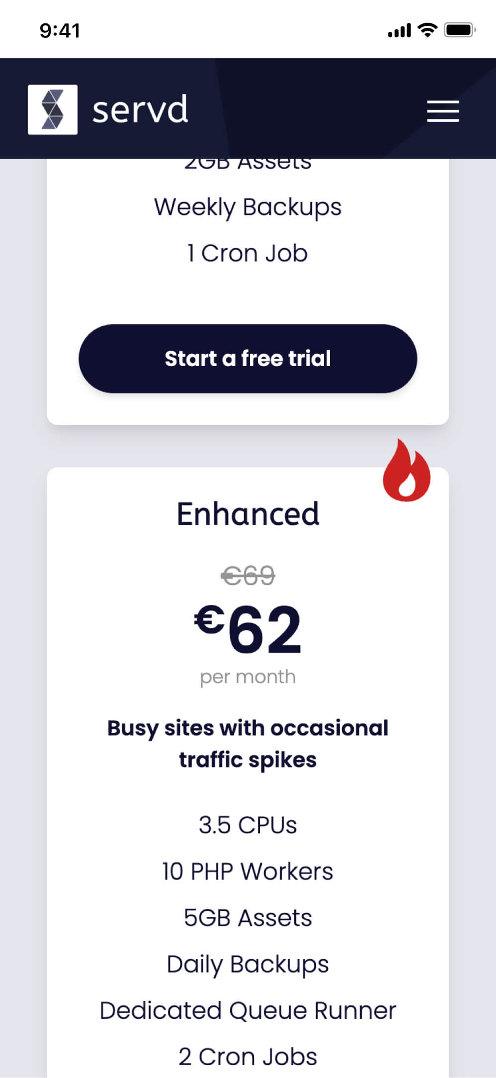 Mobile views of Servd's homepage and pricing information