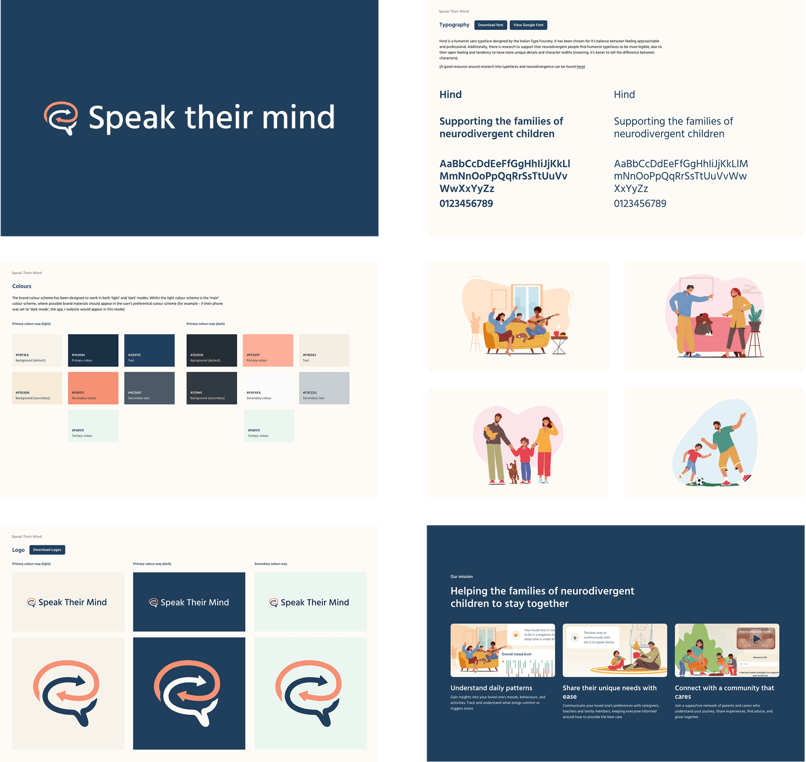 Speak Their Mind brand elements - logo, typeface, colour scheme, illustrative imagery,  and mission statement