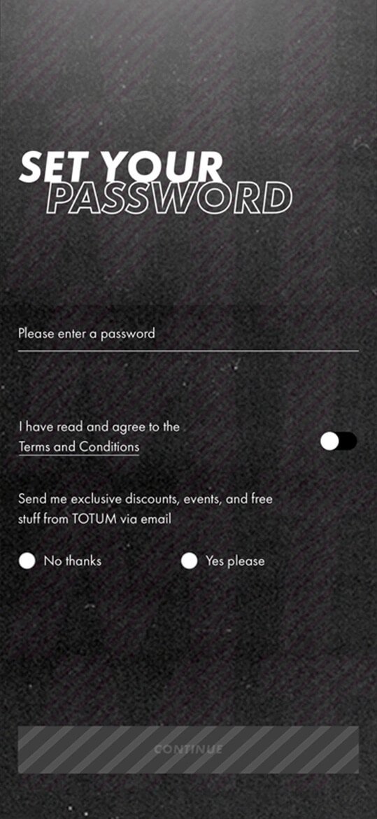 The TOTUM app password set-up screen