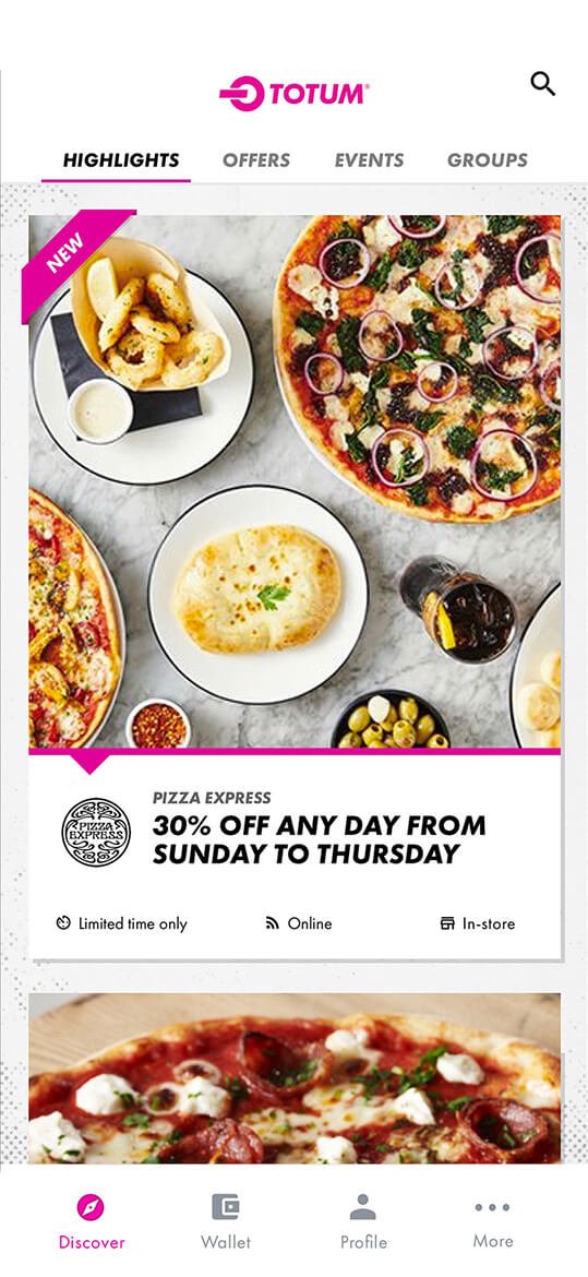 The main discover area of the app showing offer listings