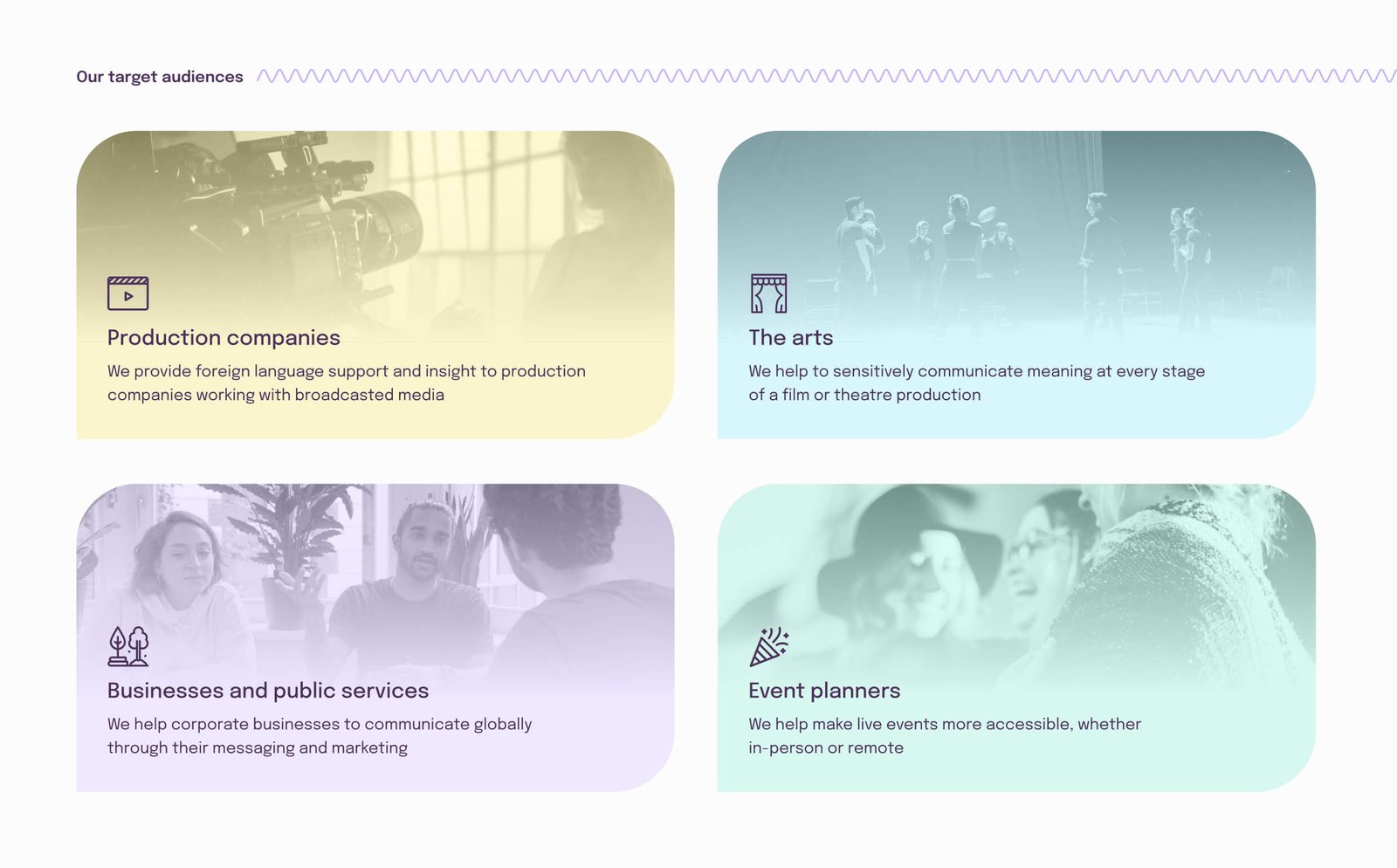Words Apart target audience definitions with icons, campaign imagery and brand messaging