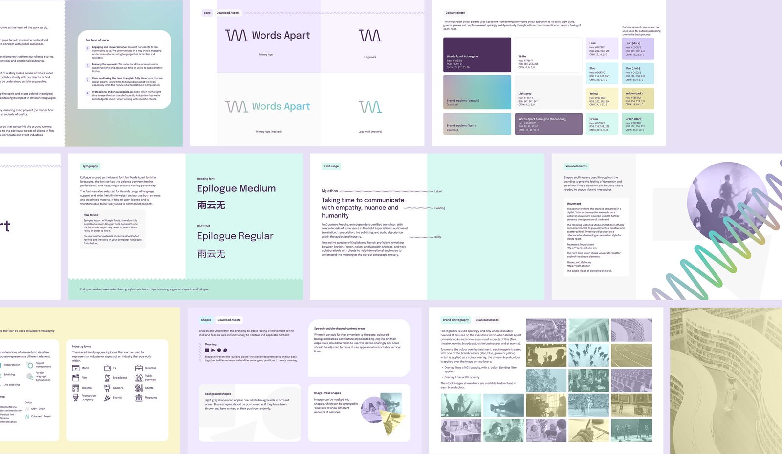 Pages from Words Apart's new brand guidelines, including mission statement, tone of voice guidelines, Logo, colour palette, typographic styling, visual elements, icons and brand photography