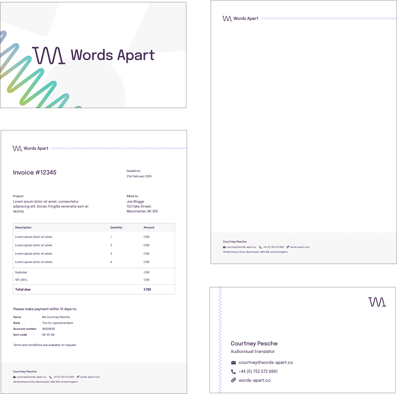 Examples of brand collateral, including a business card and invoice template