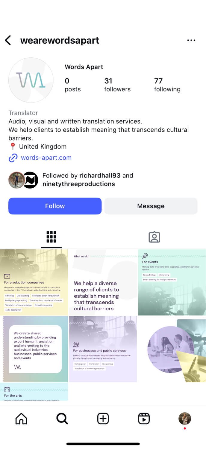 Words Apart's Instagram profile, showing branded visual posts in the grid